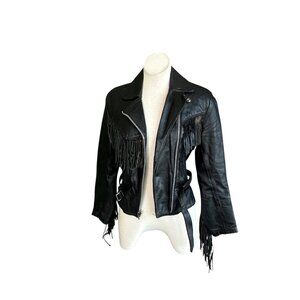 All American Rider Women's Black Leather Fringed Biker Moto Jacket Size 12 Small